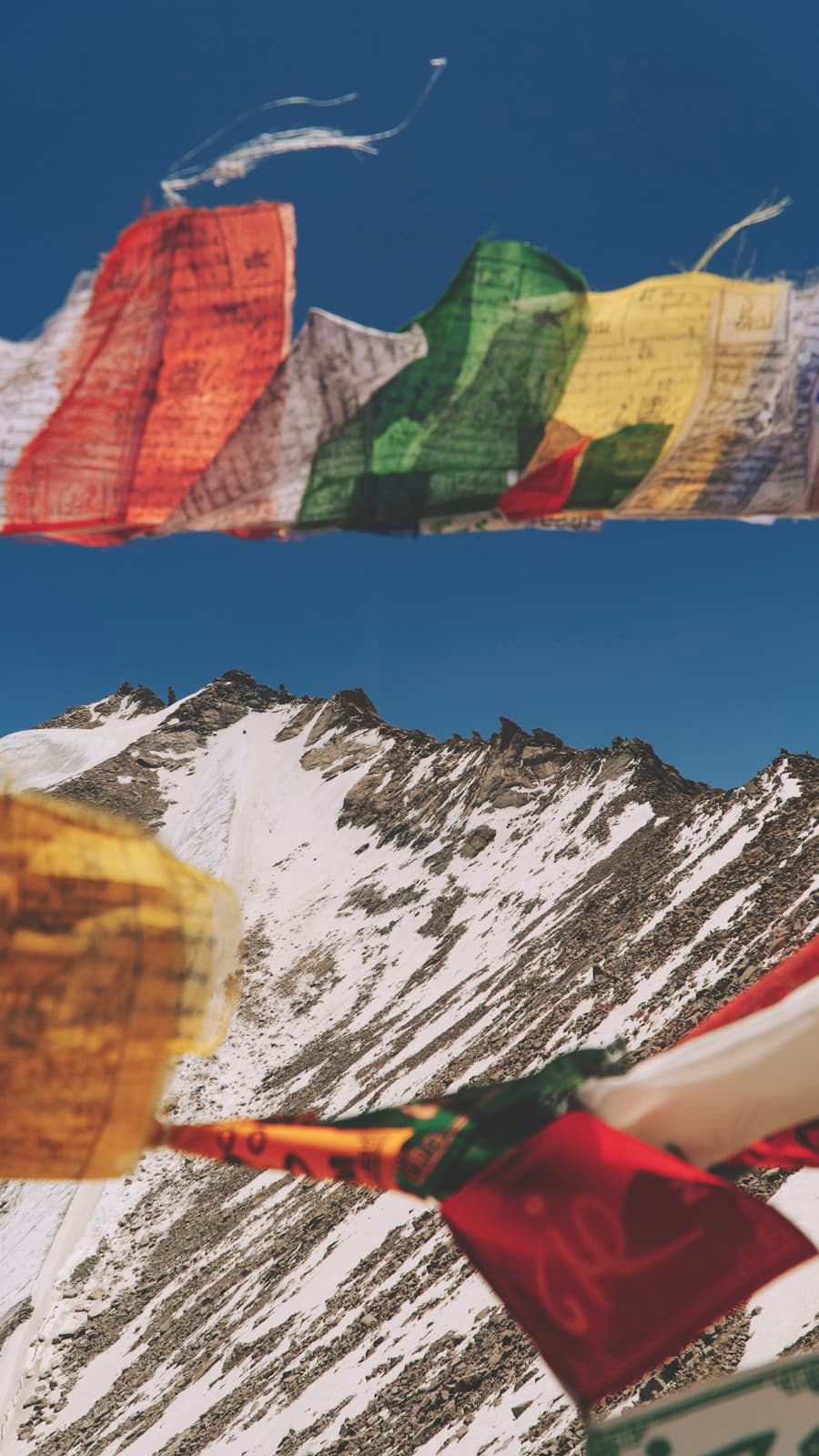 Tibetan prayer flags above the snow peaks of Ladakh.