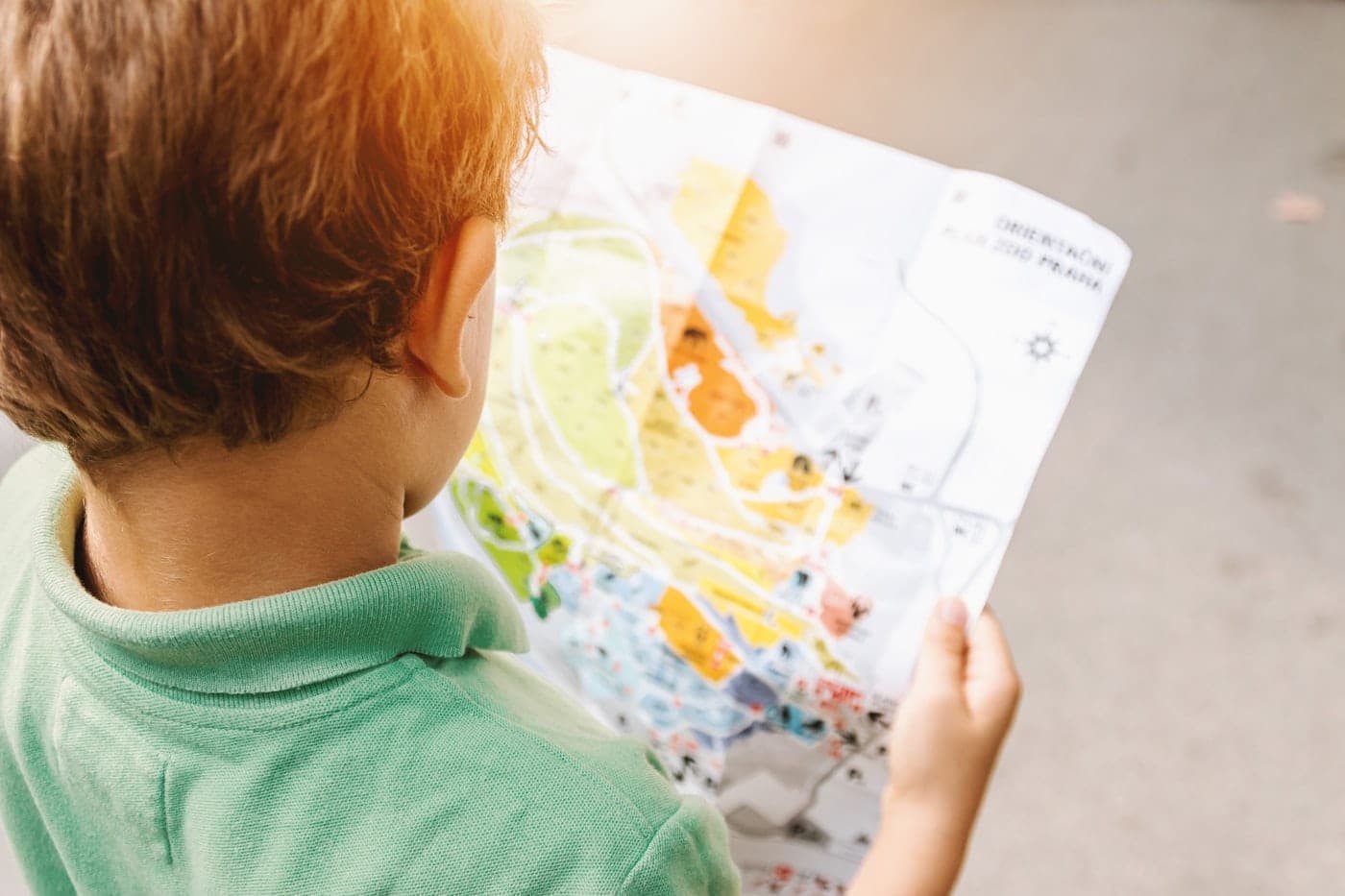 A young student studying an illustrated world map.